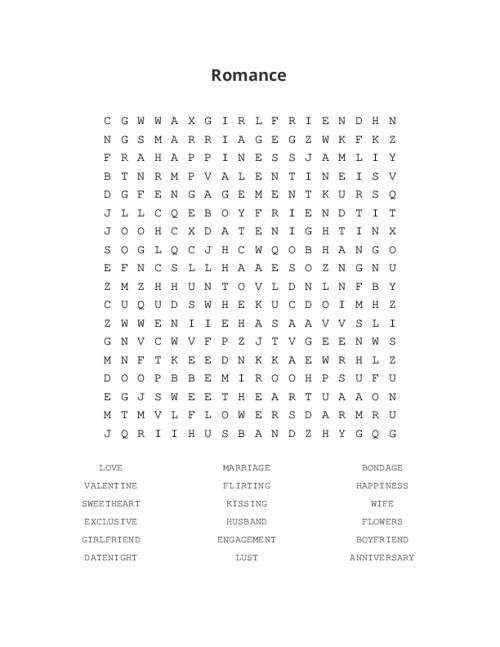 Romance Word Search Puzzle