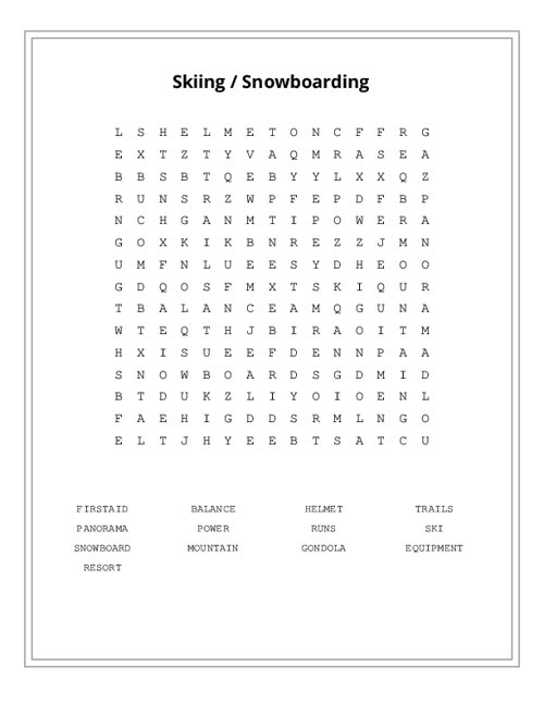 Skiing / Snowboarding Word Search Puzzle