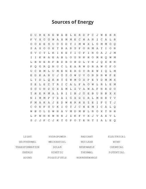 Sources of Energy Word Search Puzzle