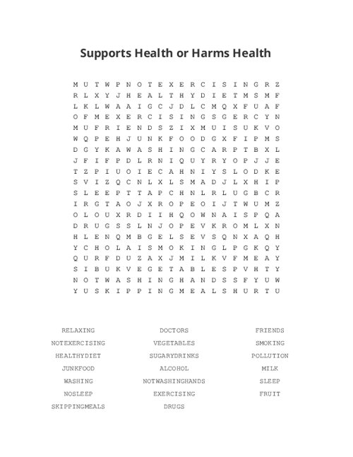 Supports Health or Harms Health Word Search Puzzle