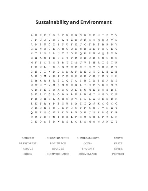 Sustainability and Environment Word Search Puzzle