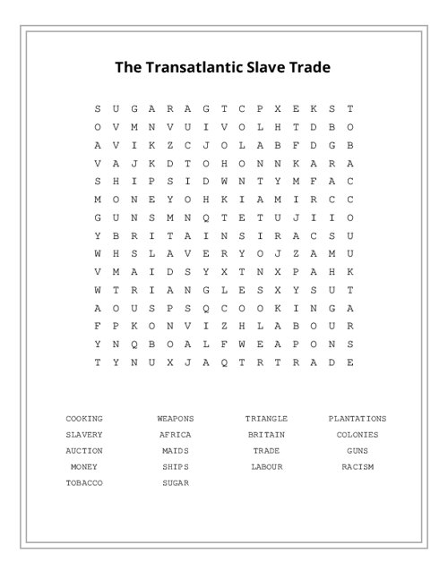 The Transatlantic Slave Trade Word Search Puzzle