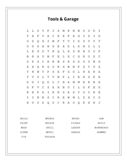 Tools & Garage Word Search Puzzle
