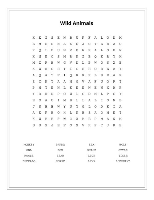 Wild Animals Word Search Puzzle