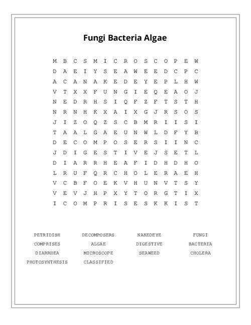 Fungi Bacteria Algae Word Search Puzzle