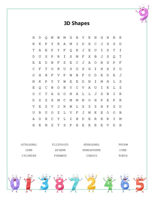 3D Shapes Word Search Puzzle