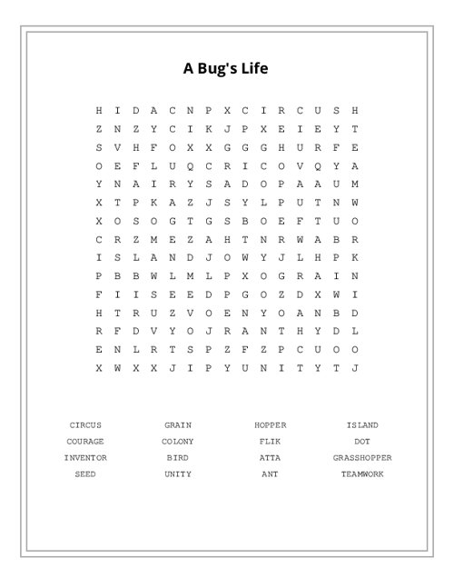 A Bug's Life Word Search Puzzle
