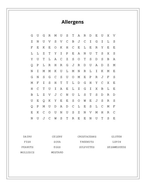 Allergens Word Search Puzzle