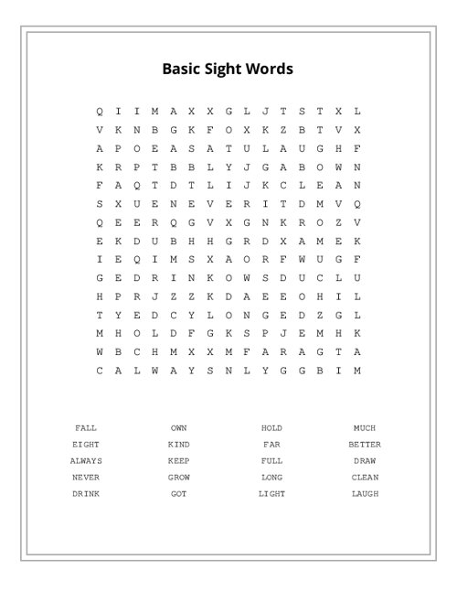 Basic Sight Words Word Search Puzzle