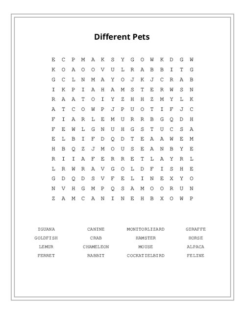 Different Pets Word Search Puzzle