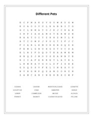 Different Pets Word Search Puzzle
