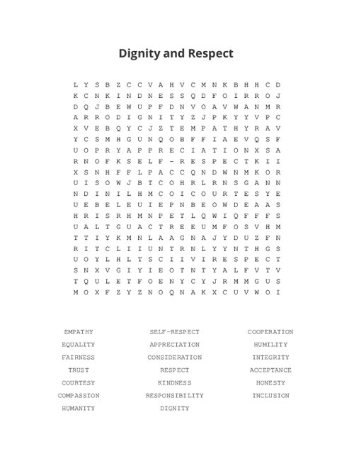 Dignity and Respect Word Search Puzzle