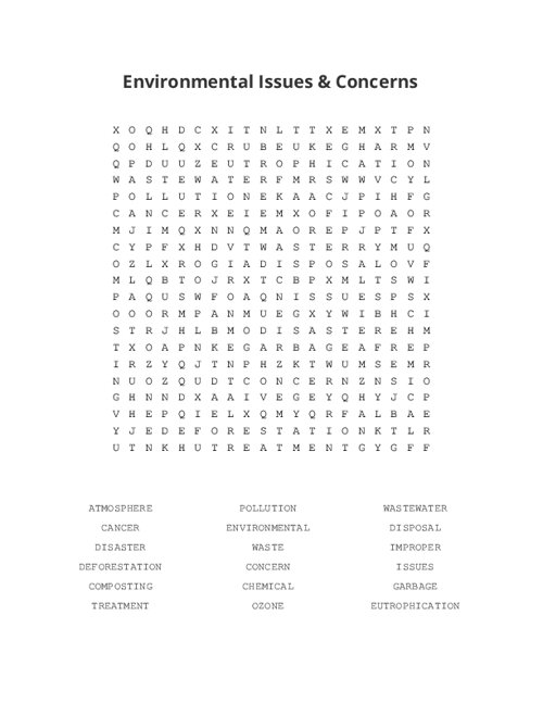Environmental Issues & Concerns Word Search Puzzle
