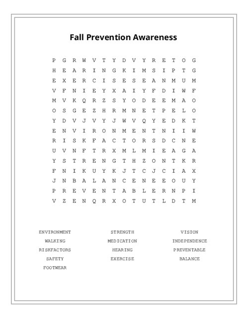Fall Prevention Awareness Word Search Puzzle
