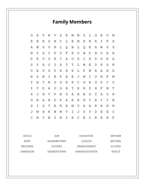 Family Members Word Search Puzzle