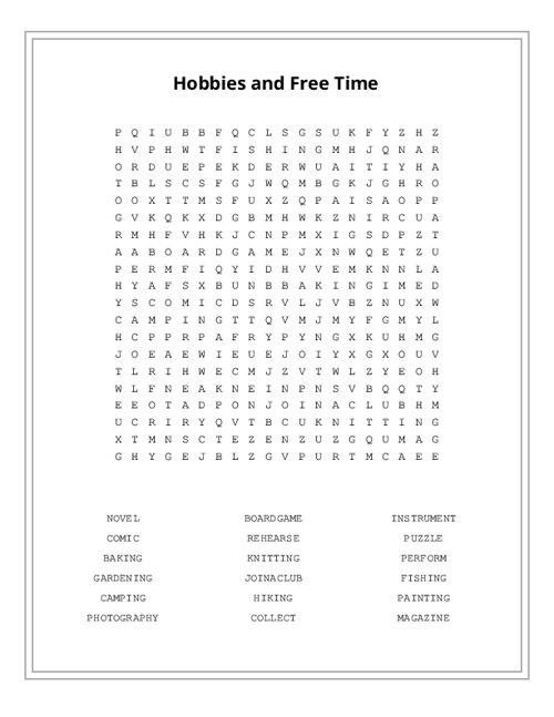 Hobbies and Free Time Word Search Puzzle