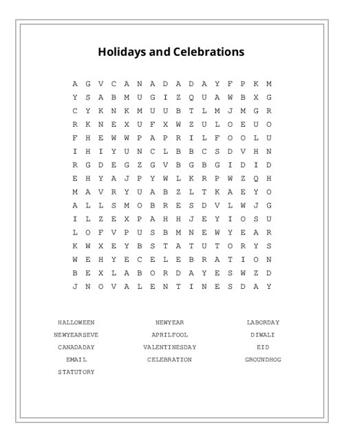 Holidays and Celebrations Word Search Puzzle