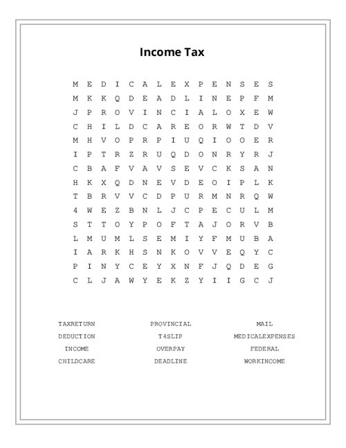 Income Tax Word Search Puzzle
