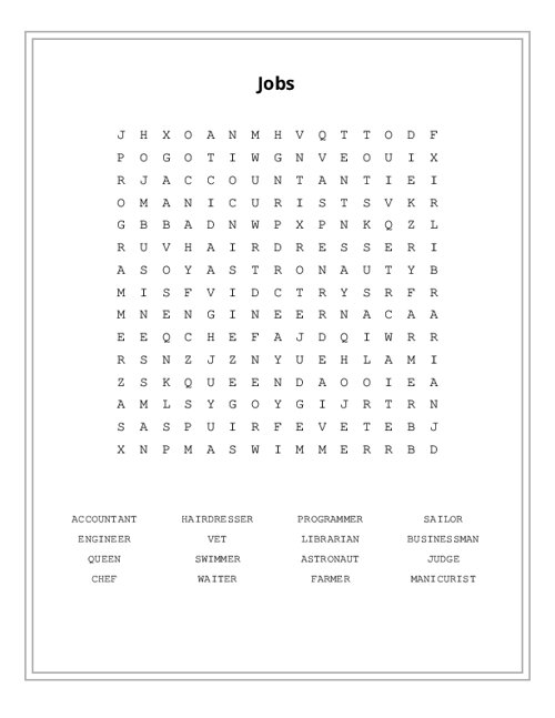 Jobs Word Search Puzzle
