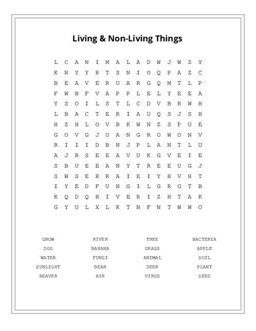 Living & Non-Living Things Word Search Puzzle