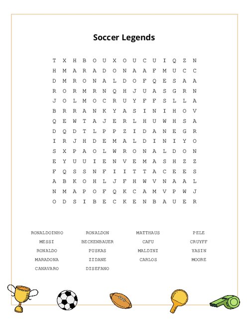 Soccer Legends Word Search Puzzle