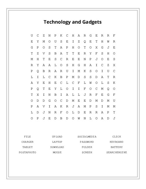 Technology and Gadgets Word Search Puzzle