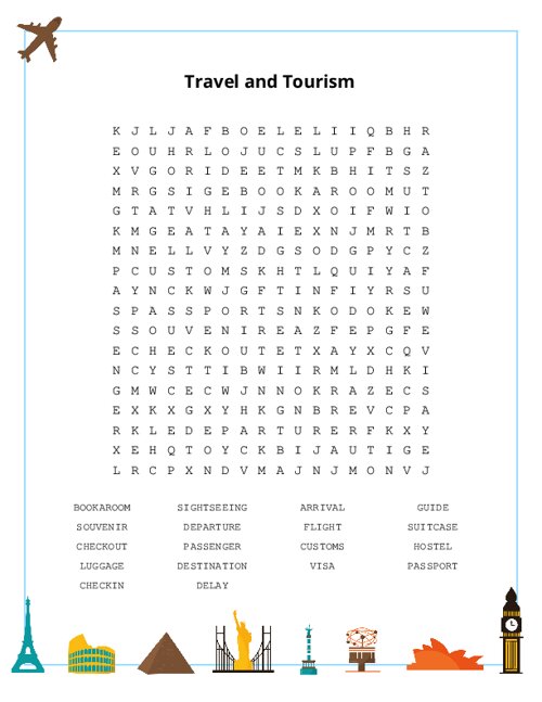 Travel and Tourism Word Search Puzzle