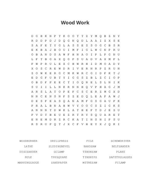 Wood Work Word Search Puzzle