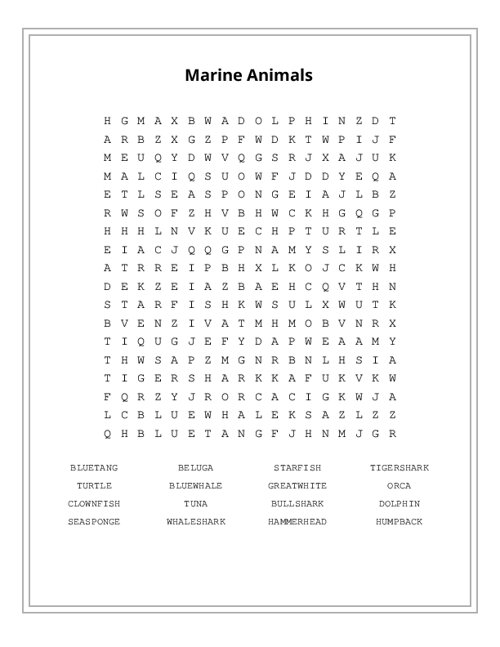 Marine Animals Word Search Puzzle